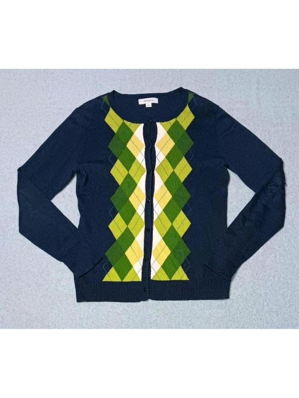 Merona Wool Blend Long Sleeve Button Up Argyle Cardigan Womens Size Medium Navy